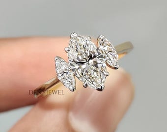 Marquise Cut Lab Grown Diamond Ring, Three Stone Engagement Ring, 6 Claw Prong, Handmade Ring, Anniversary Gift, Diamond Ring for Her