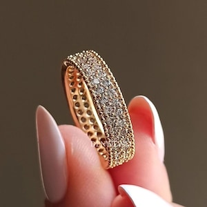 14k Solid Gold Full Eternity 2 Row Micro Pave Wedding Band for Women, Anniversary Ring for Her, Unique Wedding Ring, CVD Diamond Ring
