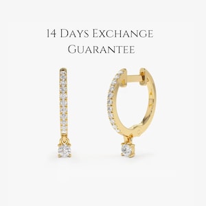 14k Gold and Diamond Hoop Earrings, Dangle Drop Diamond Hoop Earrings, Diamond Huggies, Solid Gold and Lab Grown Diamond, Birthday Gift