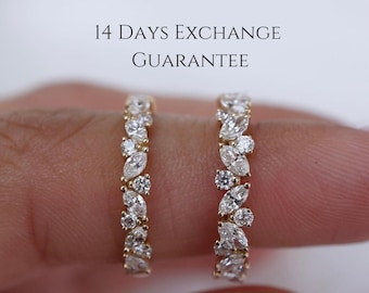 Marquise and Round Lab Grown Diamond Wedding Band, EF/VS Lab Created Diamond Band, Half Eternity Band for Her, Matching/Stackable Band