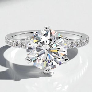 Anello con diamante rotondo da 3 carati, anello di fidanzamento a 6 punte, diamante di laboratorio certificato IGI, fede nuziale con pavé, gioielli fatti a mano, regali di anniversario