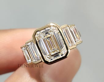 Anillo de compromiso con diamante cultivado en laboratorio de talla esmeralda de 2,5 quilates, oro blanco macizo de 14 quilates, anillo de cinco piedras, engaste biselado, anillo de boda para ella.