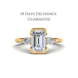 Three Diamond Ring, Emerald Cut Half Bezel Set Ring, Lab Grown Diamond Engagement Ring, Side Certified Pear Diamond Ring, Trilogy Ring