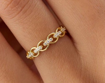 14k Gold Full Eternity Diamond Link Ring, Lab Grown Diamond Engagement Ring, Cable Chain Ring, Minimalist Ring, Daily Wear Ring For Her