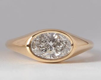 Oval Diamond Ring, 14K Gold Lab Grown Diamond Ring, East West Ring, Modern Engagement Ring For Women, Bezel Ring, Solitaire Diamond Ring