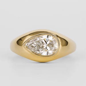Gold Signet Ring, 1.5 Carat Pear Cut Lab Grown Diamond Ring, IGI Certified Solitaire Diamond Ring, Diamond Engagement Bezel Set Ring