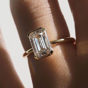 Solitaire Diamond Ring, Emerald Cut Lab Grown Diamond Ring, Half Bezel Set Engagement Ring, CVD Diamond Ring, 14K Solid Gold Ring, Gift Ring