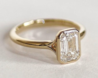 Anillo de diamantes cultivados en laboratorio con esmeralda de 1,5 quilates, anillo de boda solitario con diamante dividido, diamante certificado por IGI para ella, anillo con engaste biselado.