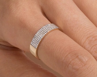 Anillo plano, alianza de boda de oro de 14k con pavé, anillo de compromiso con diamante cultivado en laboratorio, alianza de boda gruesa, anillo de boda de eternidad, anillo de diamantes para ella