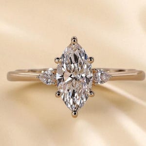 1.5 CT Marquise Cut Lab Grown Diamond Ring, Three Stone Engagement Ring, IGI Certified Diamond Ring, Side Pear Diamond Ring, Promise Ring