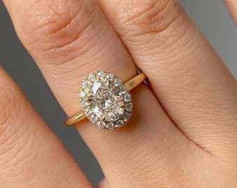 Oval Cut Lab Grown Diamond Ring, Halo Engagement Ring, Anniversary Gift Ring, CVD Diamond Ring, 14K Solid Gold Ring, Stackable Ring For Her