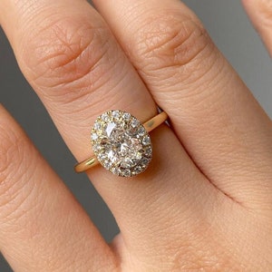 Oval Cut Lab Grown Diamond Ring, Halo Engagement Ring, Anniversary Gift Ring, CVD Diamond Ring, 14K Solid Gold Ring, Stackable Ring For Her