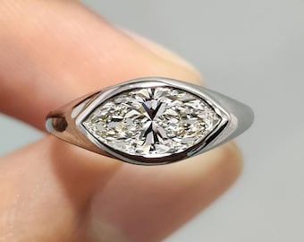 Anillo de diamantes East West, anillo de sello, anillo de compromiso con diamante cultivado en laboratorio de talla marquesa, regalo de aniversario, anillo con engaste biselado, anillo de promesa