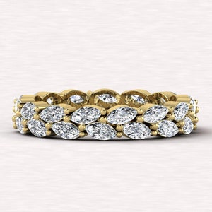 Women&#39;s Diamond Wedding Band, Marquise Cut Lab Grown Diamond Ring, Full Eternity Wedding Band, 14k Solid Gold Ring, CVD Diamond Band For Her
