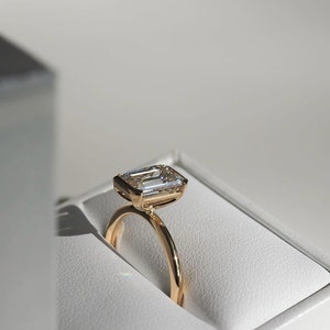 Solitaire Diamond Ring, Emerald Cut Lab Grown Diamond Ring, Half Bezel Set Engagement Ring, CVD Diamond Ring, 14K Solid Gold Ring, Gift Ring