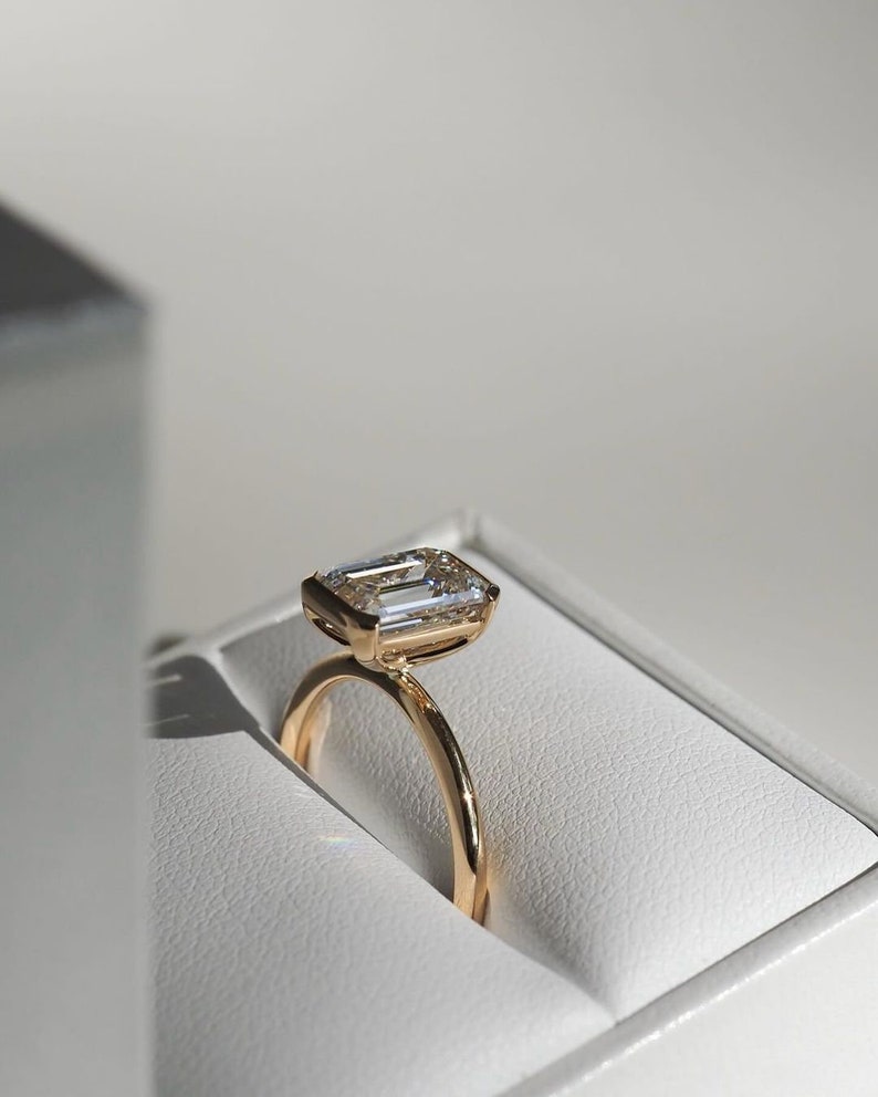 Solitaire Diamond Ring, Emerald Cut Lab Grown Diamond Ring, Half Bezel Set Engagement Ring, CVD Diamond Ring, 14K Solid Gold Ring, Gift Ring