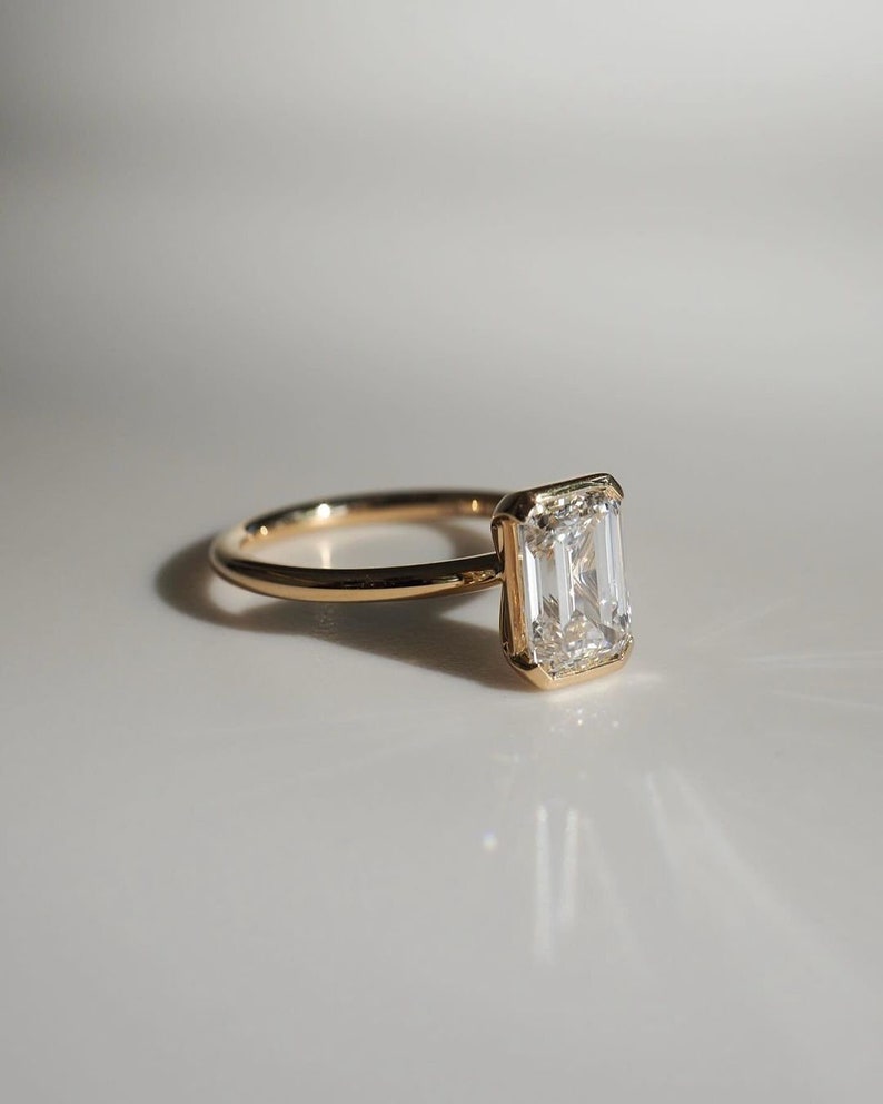 Solitaire Diamond Ring, Emerald Cut Lab Grown Diamond Ring, Half Bezel Set Engagement Ring, CVD Diamond Ring, 14K Solid Gold Ring, Gift Ring