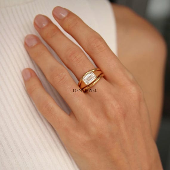 Signet Pinky Ring, CT Emerald Cut Lab Grown Diamond Ring, Bezel