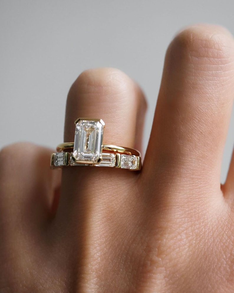Solitaire Diamond Ring, Emerald Cut Lab Grown Diamond Ring, Half Bezel Set Engagement Ring, CVD Diamond Ring, 14K Solid Gold Ring, Gift Ring