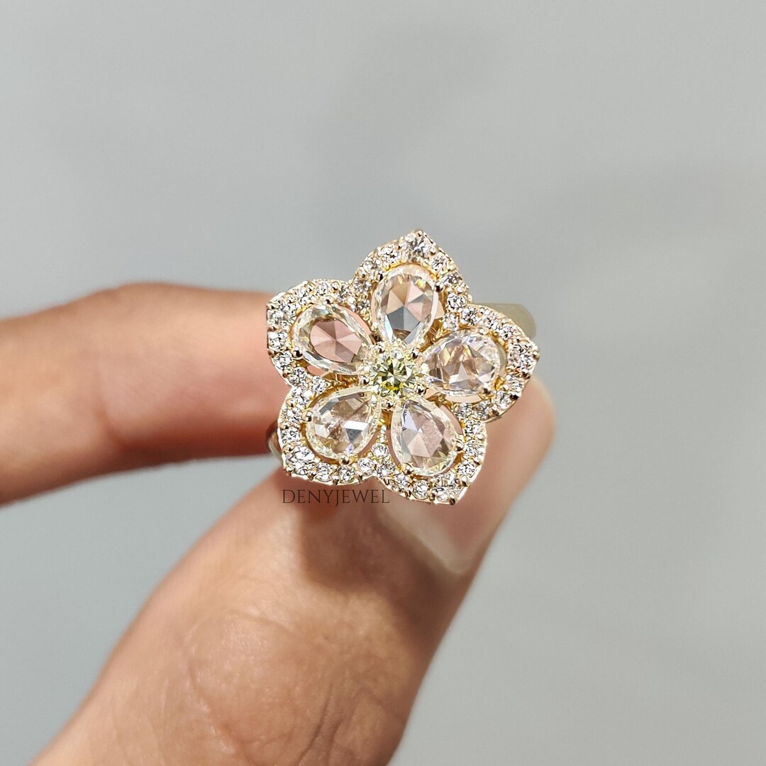 Flower Shape Ring, Pear Rose Cut Lab Grown Diamond Ring, Halo ...