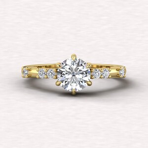 Round Cut Lab Grown Diamond Ring, Certified Diamond Engagement Ring, 14K Solid Gold Ring, Unique Pave Setting Wedding Band, Six Prong Ring