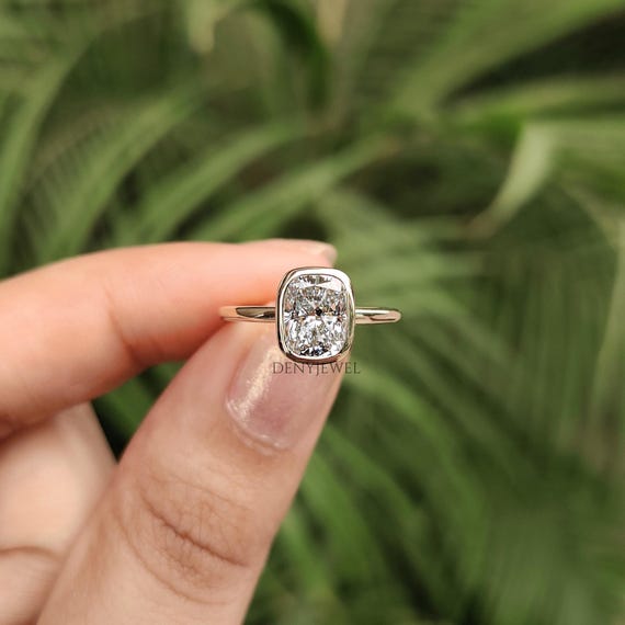 Elongated Cushion Cut Diamond Engagement Ring, Bezel Set