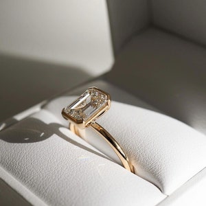 Solitaire Diamond Ring, Emerald Cut Lab Grown Diamond Ring, Half Bezel Set Engagement Ring, CVD Diamond Ring, 14K Solid Gold Ring, Gift Ring