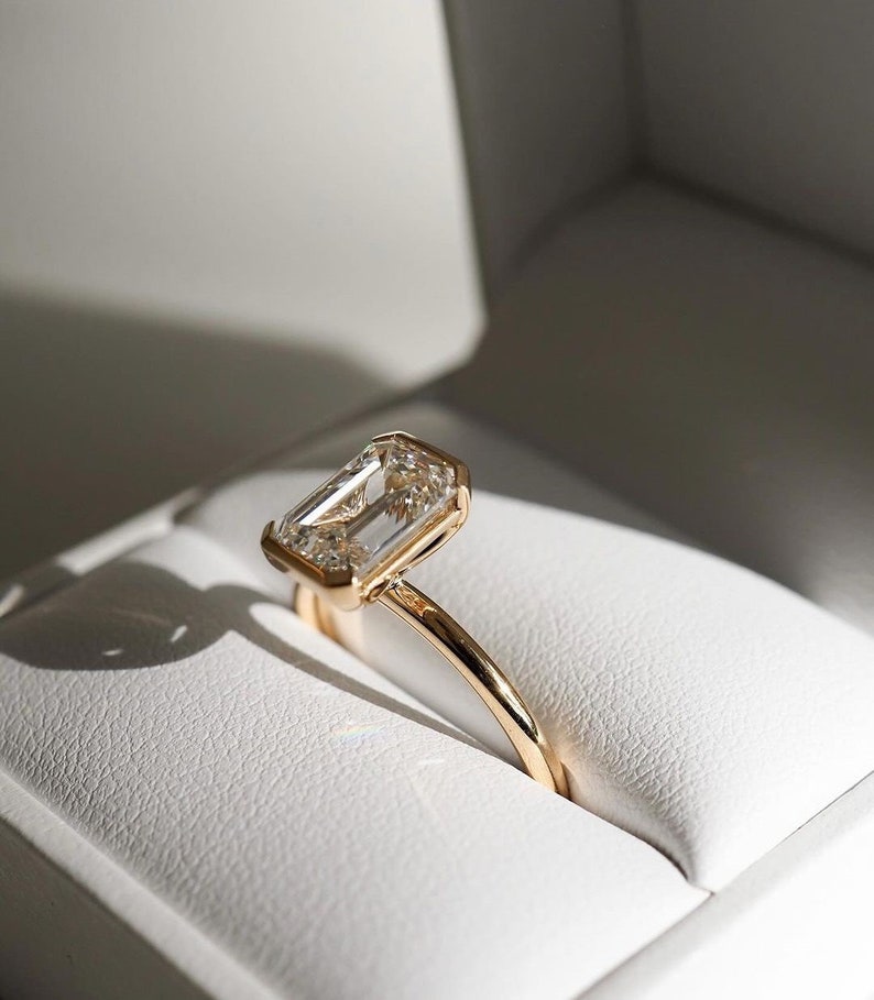 Solitaire Diamond Ring, Emerald Cut Lab Grown Diamond Ring, Half Bezel Set Engagement Ring, CVD Diamond Ring, 14K Solid Gold Ring, Gift Ring