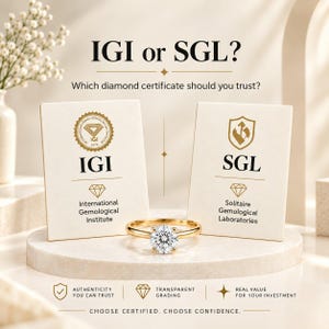 May include: A gold ring with a round brilliant-cut diamond sits between two white cards labelled IGI and SGL. The text reads IGI or SGL? Which diamond certificate should you trust? International Gemological Institute, Solitaire Gemological Laboratories, Authenticity You Can Trust, Transparent Grading, Real Value For Your Investment, Choose Certified. Choose Confidence.
