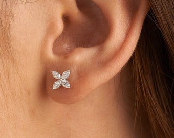 Flower Shape Earring, 0.80 TCW Marquise Cut Lab-Grown Diamond Earrings, 14K White Gold Earrings, Bridal Shower Gift For Her, Valentine Gift