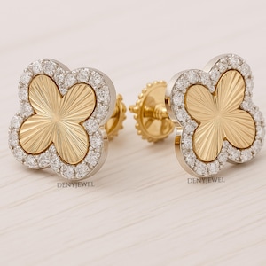 Vintage Floral Style Stud Earring Round Cut Diamond Studs 14K Yellow Gold Clover Stud Earring Flower Stud Earring Classic Bridal Studs