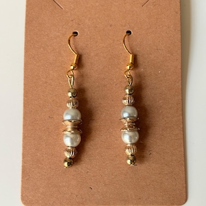 White Pearl and Gold Beaded Dangle Earrings