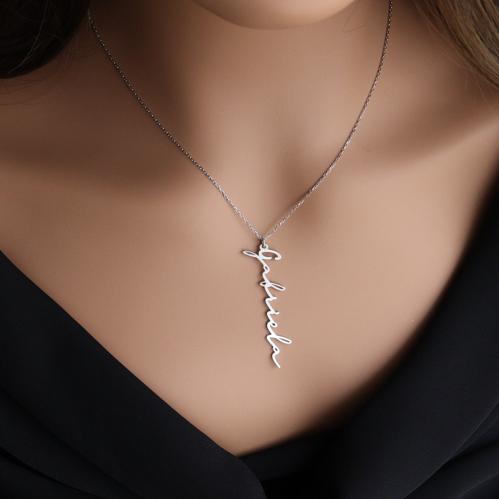 925 Solid Silver Name Necklace Vertical Personalized Name Etsy