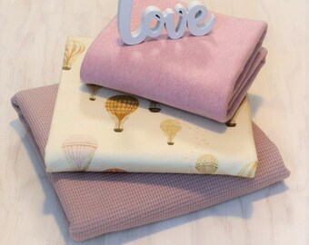 Hot Balloon Watercolor Cotton Jersey *Fabric Package with Waffle Jersey and Cuffs* Pink 150 cm wide