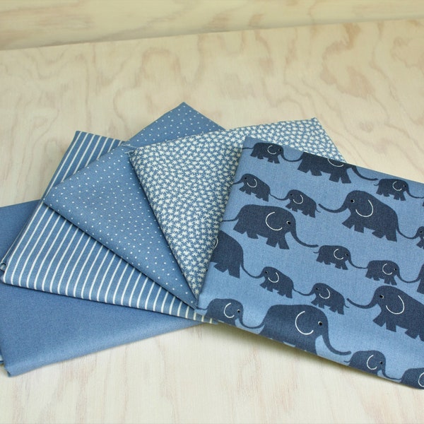 Capri blau Elefant / Westfalenstoff / Stoffpaket oder Meterware / Baumwolle / Elefant Streifen Stern uni Punkt /  Oeko-Tex®-Standard 100