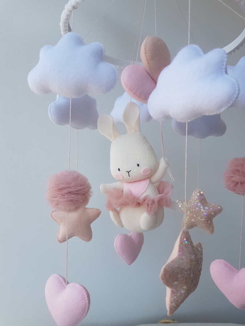 Baby mobile mobile for girl bunny on the balloons pink Etsy