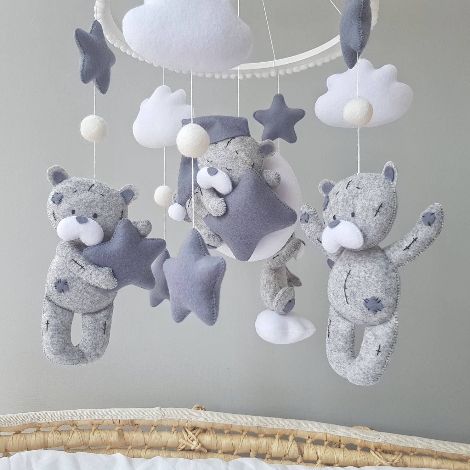 Teddy bear mobile Bear baby mobile Gray baby mobile Baby Etsy
