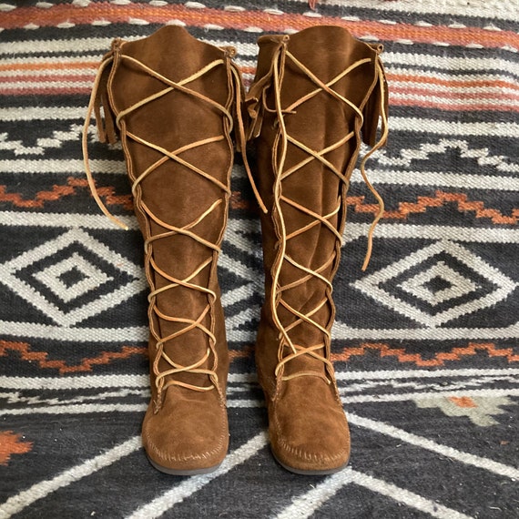 Tall fringe Minnetonka front lace boots