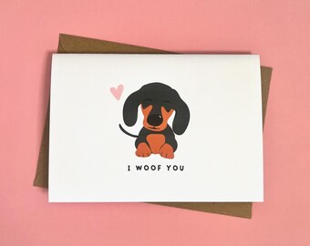 Je vous fais plaisir, chien saucisse, chiens, carte teckel, carte de Saint-Valentin, carte d'anniversaire, jeu de mots, humour, drôle, carte pour lui, carte pour elle
