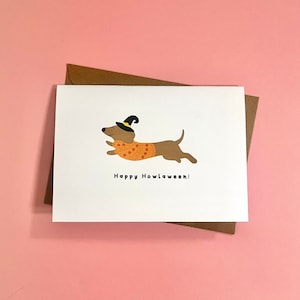 Happy Halloween, chien saucisse, Halloween, carte d'Halloween, Happy Halloween, carte de teckel, mignon, automne, drôle, humour