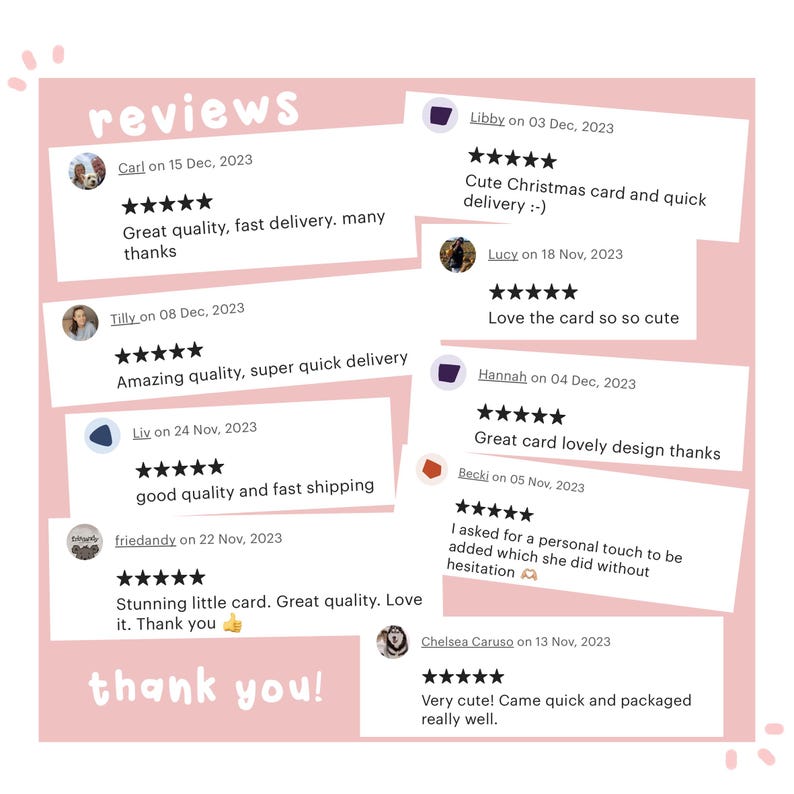 May include: A pink background with the word "reviews" in a handwritten style font. Several customer reviews are displayed in white boxes, each with a 5-star rating and a short comment. The words "thank you!" are at the bottom.