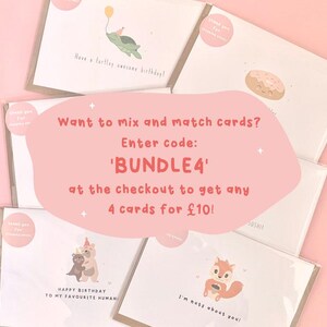 May include: A collection of greeting cards with various illustrations, including a turtle with a balloon, a bear hugging another bear, a donut, and a squirrel. The cards have text that reads "Have a turtley awesome birthday!" and "I'm nuts about you!"