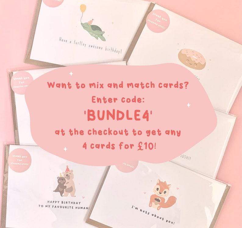 May include: A collection of greeting cards with various illustrations, including a turtle with a balloon, a bear hugging another bear, a donut, and a squirrel. The cards have text that reads "Have a turtley awesome birthday!" and "I'm nuts about you!"