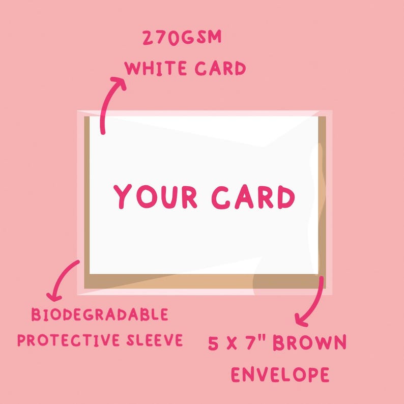 May include: A white card with the text "YOUR CARD" inside a brown envelope. The card is 5 x 7 inches and is made of 270gsm white cardstock. It comes with a biodegradable protective sleeve.