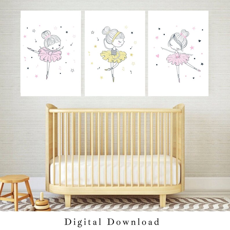 Ballerina Nursery Wall Art Set of 3 Hand Drawn Ballerina Etsy