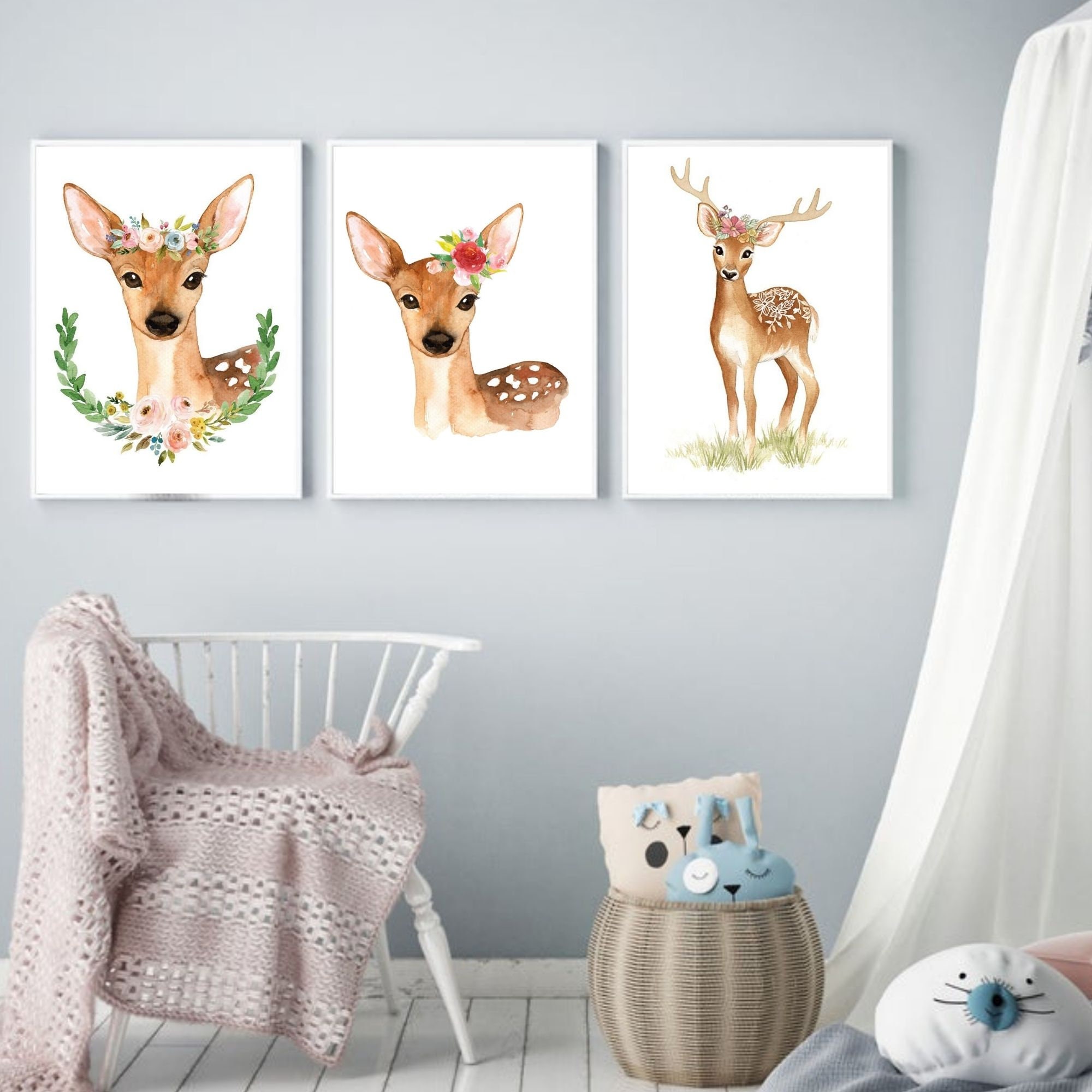 CUTE Floral Deer Nursery Wall DecorWoodland Nursery Art For Etsy