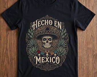 Camiseta de calavera de Hecho en México, camiseta gráfica con temática mexicana