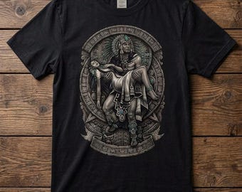 Camiseta del guerrero azteca Amor Verdadero, ilustración de leyenda sagrada en blanco y negro