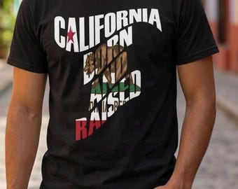 Camiseta "Nacido y criado en California", bandera estatal, gráfico de oso.