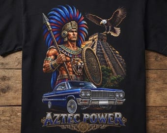 Aztec Warrior Lowrider T-Shirt, Chicano Inspired Graphic Tee, Classic Car Streetwear